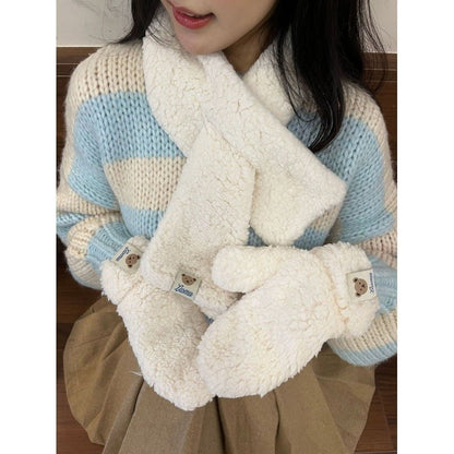 LovelyRLovely LovelyRLovely Women's Plush Gloves And S Scarf White / Free Size LovelyRLovely Women's Plush Gloves And Scarf