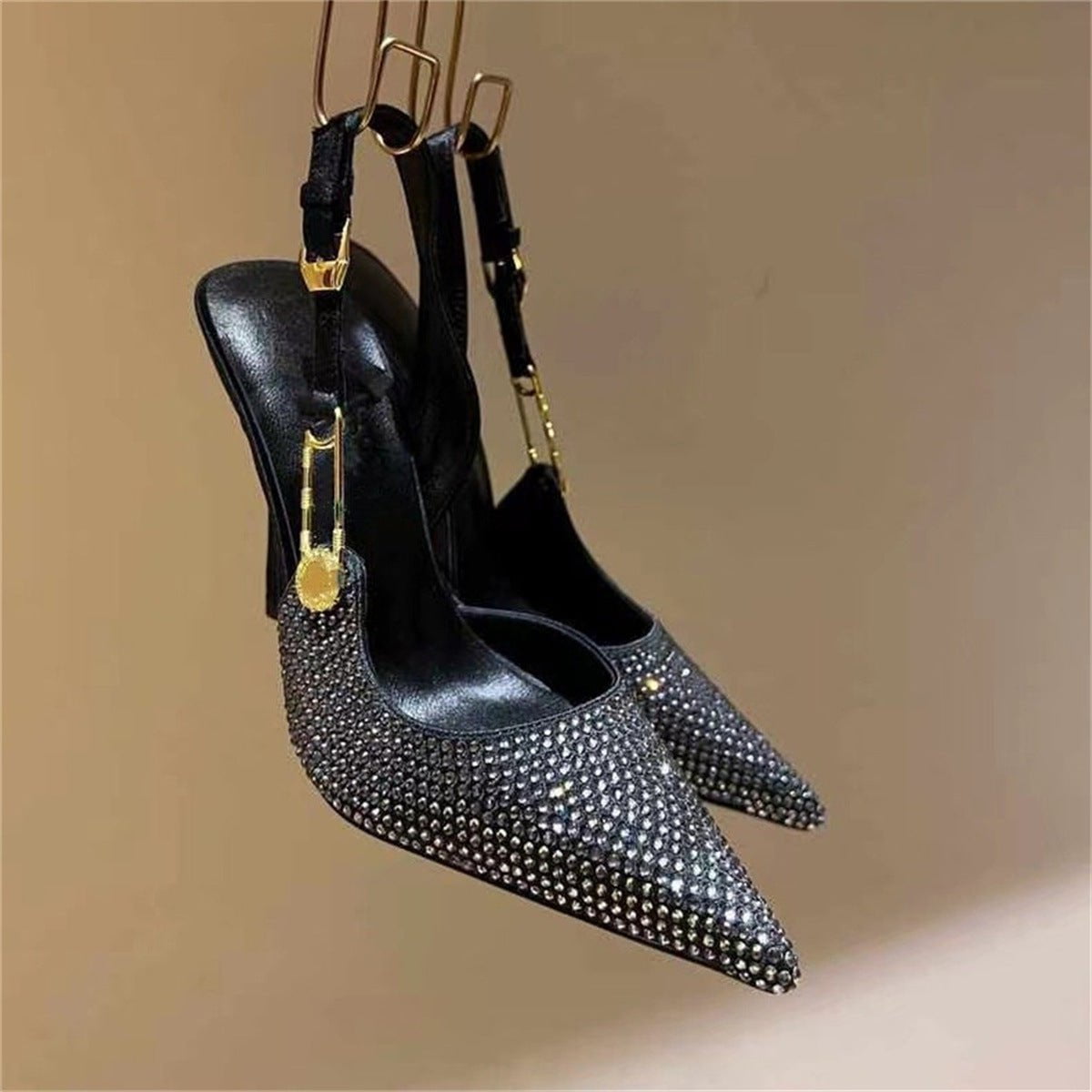 LovelyRLovely LovelyRLovely Women's Rhinestone Pointed Black Hot Drilling / 34 LovelyRLovely Women's Rhinestone Pointed Toe Strap High Heels