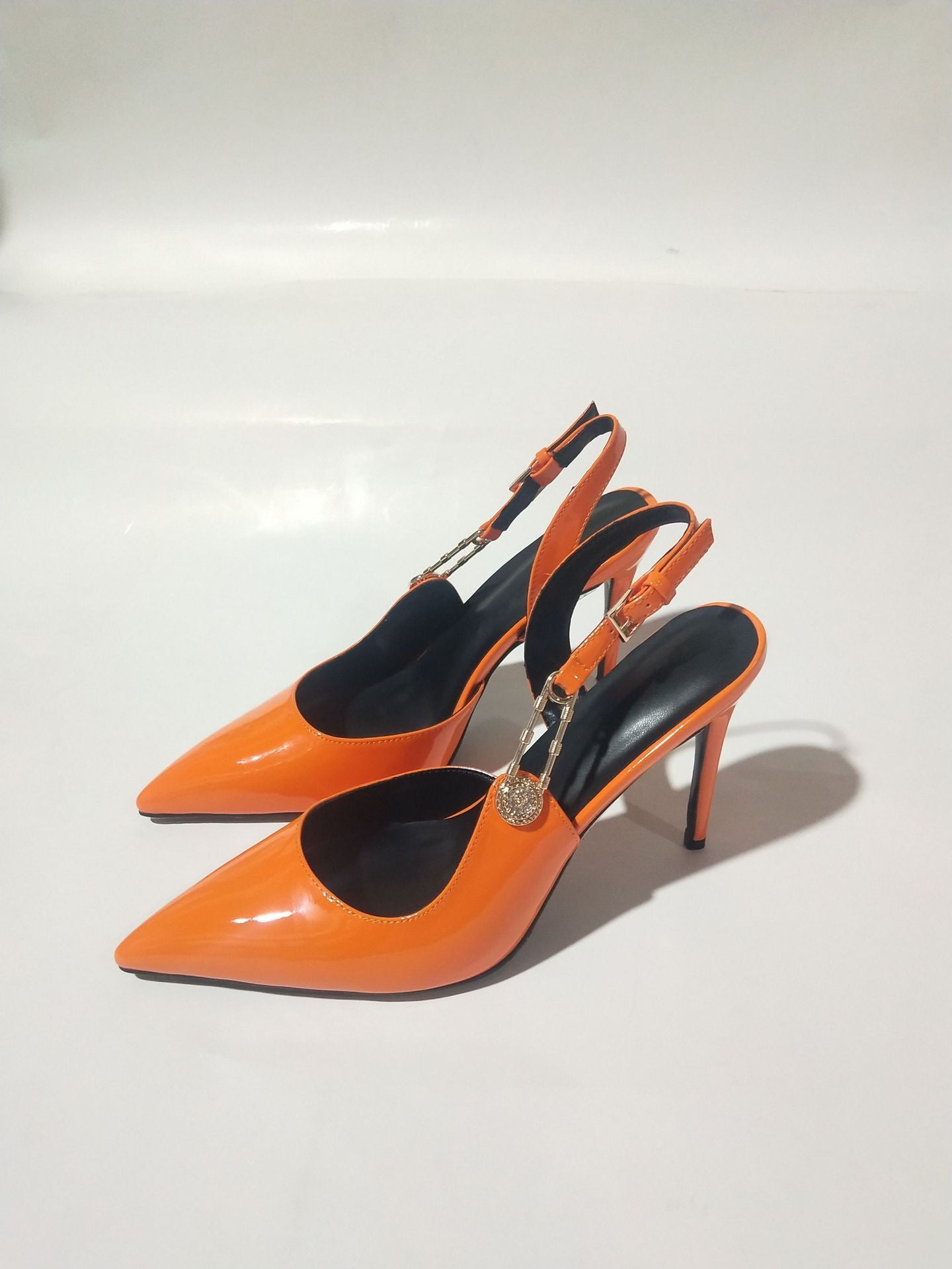 LovelyRLovely LovelyRLovely Women's Rhinestone Pointed Orange Patent Leather / 34 LovelyRLovely Women's Rhinestone Pointed Toe Strap High Heels