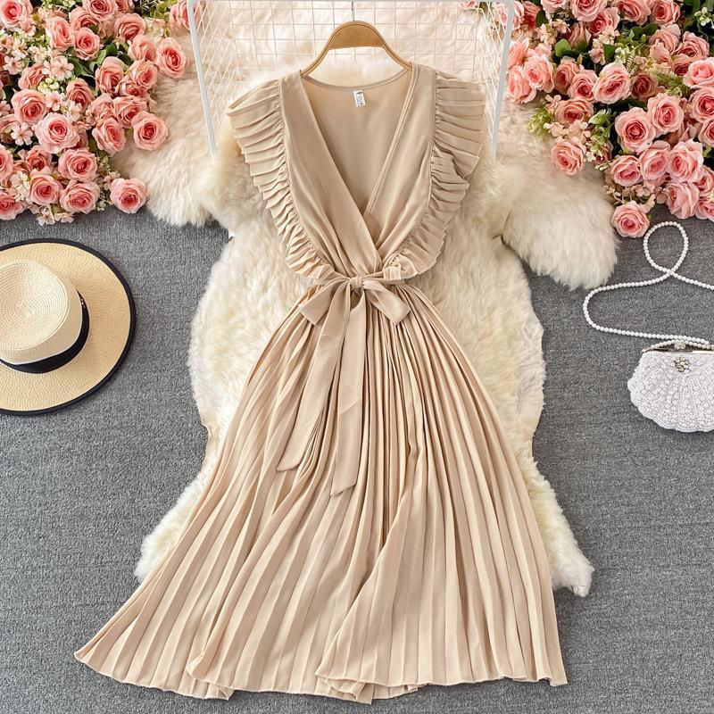 LovelyRLovely LovelyRLovely Women's Temperament Waist- Apricot / One size LovelyRLovely Women's Temperament Waist-hugging V-neck Pleated Dress