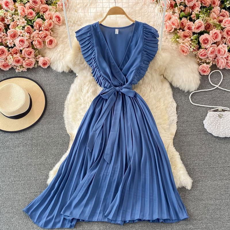 LovelyRLovely LovelyRLovely Women's Temperament Waist- Blue / One size LovelyRLovely Women's Temperament Waist-hugging V-neck Pleated Dress