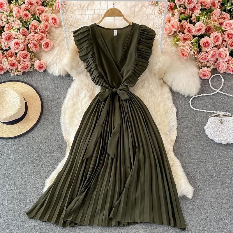 LovelyRLovely LovelyRLovely Women's Temperament Waist- Dark Green / One size LovelyRLovely Women's Temperament Waist-hugging V-neck Pleated Dress