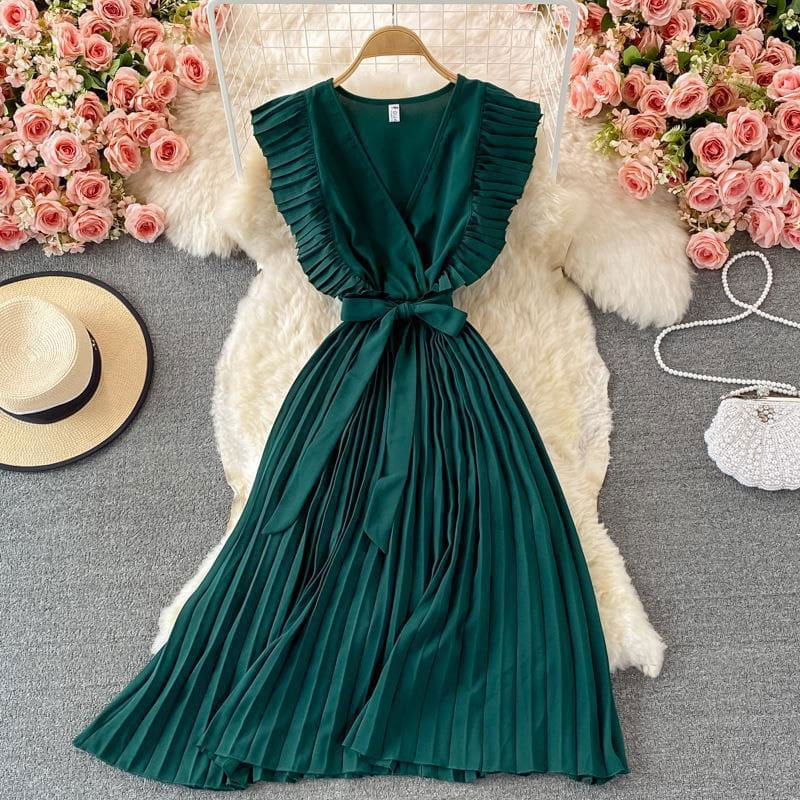 LovelyRLovely LovelyRLovely Women's Temperament Waist- Green / One size LovelyRLovely Women's Temperament Waist-hugging V-neck Pleated Dress