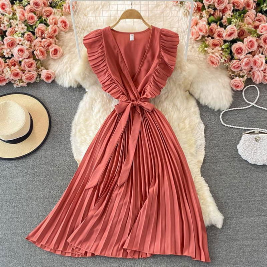 LovelyRLovely LovelyRLovely Women's Temperament Waist- Watermelon Red / One size LovelyRLovely Women's Temperament Waist-hugging V-neck Pleated Dress