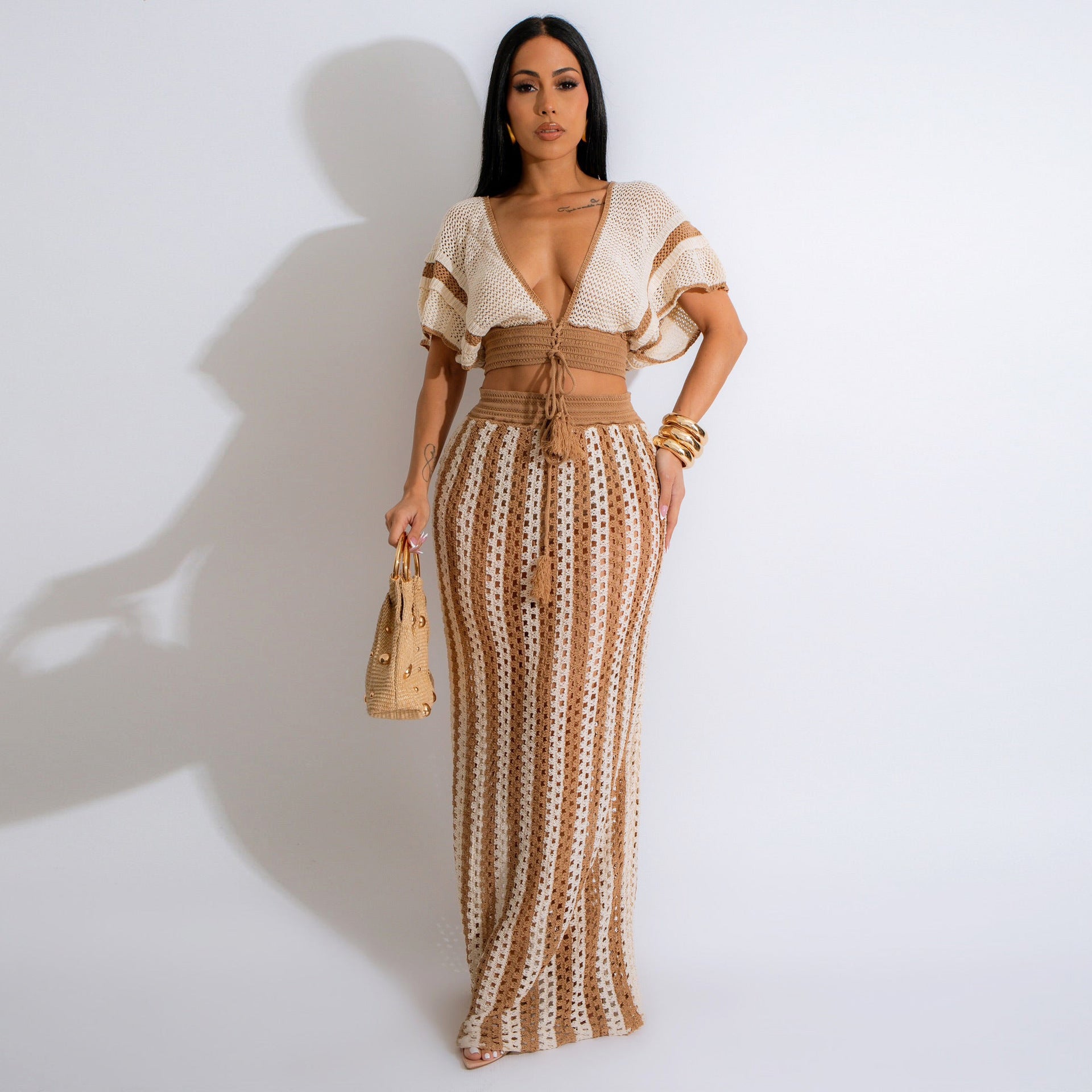 LovelyRLovely LovelyRLovely Women's V-neck Crochet Str LovelyRLovely Women's V-neck Crochet Striped Suit