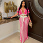 LovelyRLovely LovelyRLovely Women's V-neck Crochet Str Z0326 Rose Red / L LovelyRLovely Women's V-neck Crochet Striped Suit