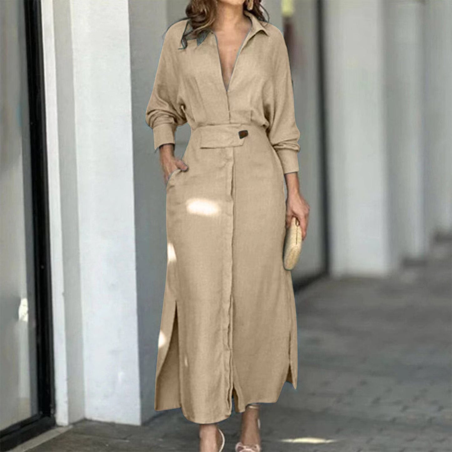 LovelyRLovely LovelyRLovely Women's V-neck Long Sleeve Apricot / L LovelyRLovely Women's V-neck Long Sleeve Lapel Dress