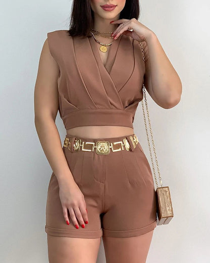 LovelyRLovely LovelyRLovely Women Two Piece Shorts Set Coffee / M LovelyRLovely Women Two Piece Shorts Set