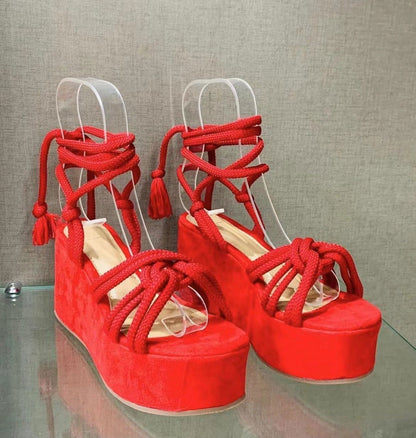 LovelyRLovely LovelyRLovely Women Wedges Strappy Sanda Red / Size36 LovelyRLovely Women Wedges Strappy Sandals