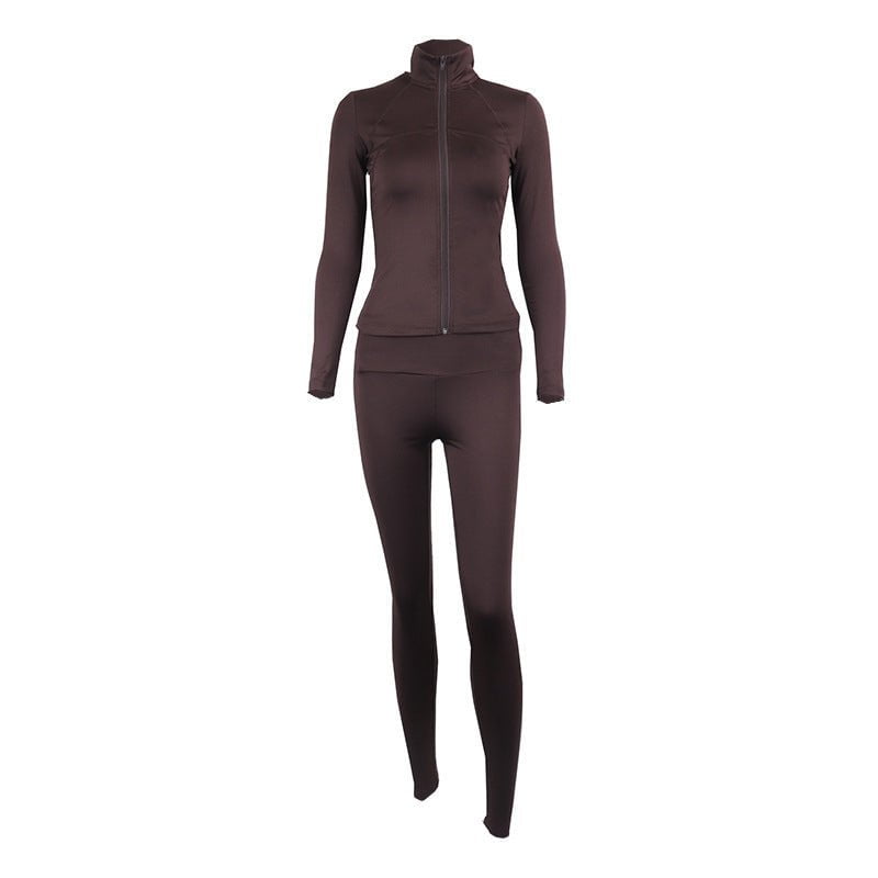 LovelyRLovely LovelyRLovely Zipper Stand Collar Fitnes Brown / L LovelyRLovely Zipper Stand Collar Fitness Jacket & Pants Suit