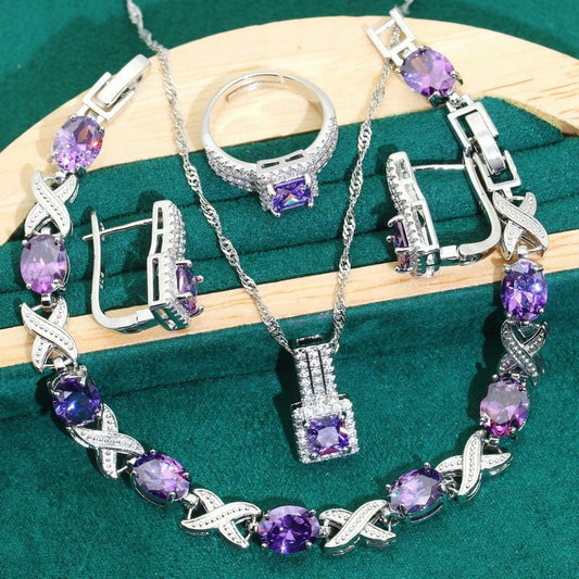 LovelyRLovely LovelyRLovely Zircon Bracelet Necklace E Purple LovelyRLovely Zircon Bracelet Necklace Earring Ring Set