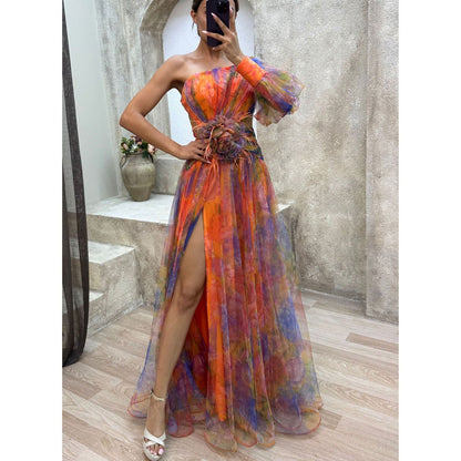 LovelyRLovely Orange / L LovelyRLovely Mesh Tie-dye Printed Off-shoulder Slit Dress