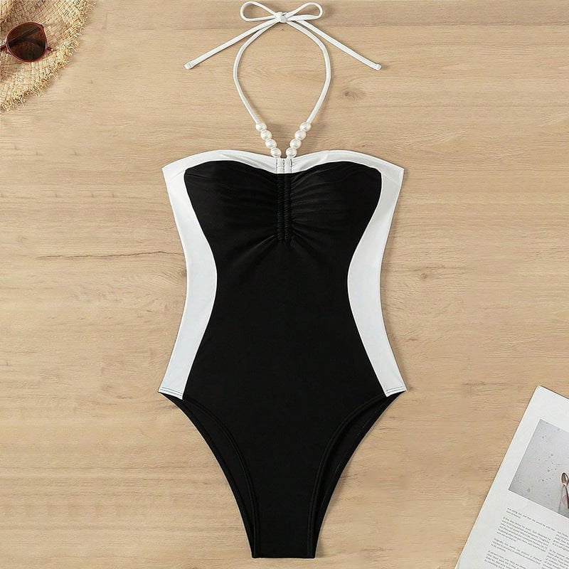 LovelyRLovely Pearl Spaghetti Straps One-piece Swimsui Black And White / L LovelyRLovely Pearl Spaghetti Straps One-piece Swimsuit