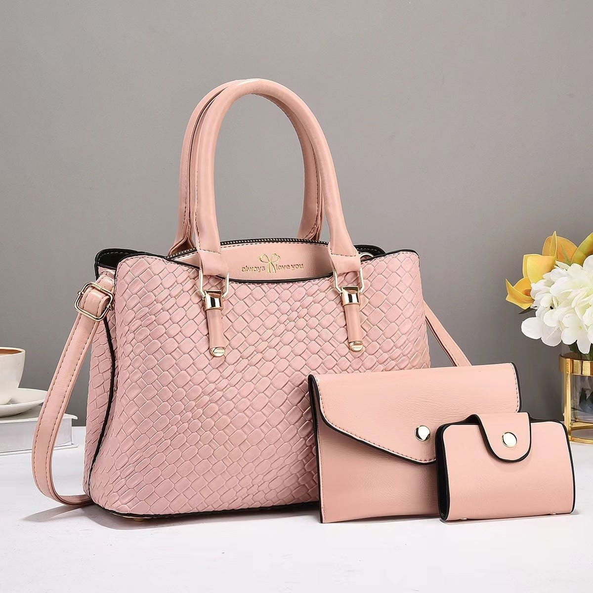 LovelyRLovely Pink LovelyRLovely Woven Texture Three-piece Handbag Set