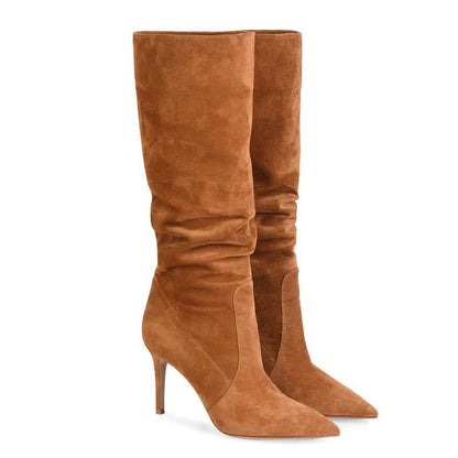 LovelyRLovely Pointed Suede Brown Stiletto Heel Fashio LovelyRLovely Pointed Suede Brown Knee Length  Stiletto Heel Boots