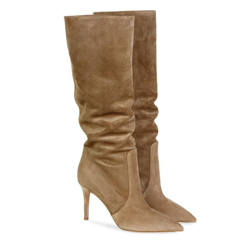 LovelyRLovely Pointed Suede Brown Stiletto Heel Fashio LovelyRLovely Pointed Suede Brown Knee Length  Stiletto Heel Boots