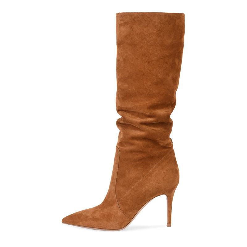 LovelyRLovely Pointed Suede Brown Stiletto Heel Fashio LovelyRLovely Pointed Suede Brown Knee Length  Stiletto Heel Boots