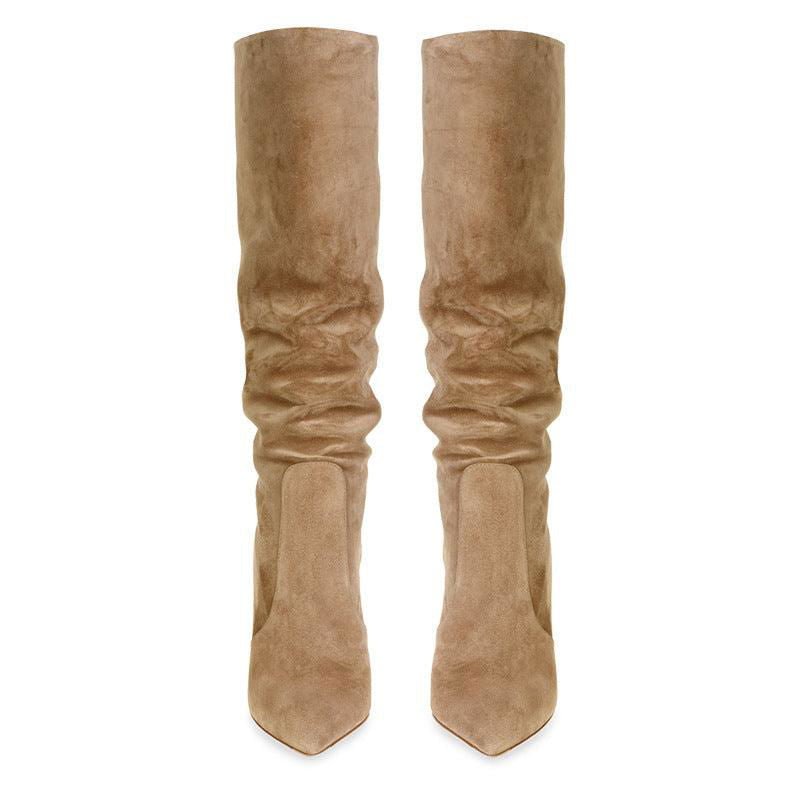 LovelyRLovely Pointed Suede Brown Stiletto Heel Fashio LovelyRLovely Pointed Suede Brown Knee Length  Stiletto Heel Boots