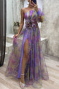 LovelyRLovely Purple / L LovelyRLovely Mesh Tie-dye Printed Off-shoulder Slit Dress