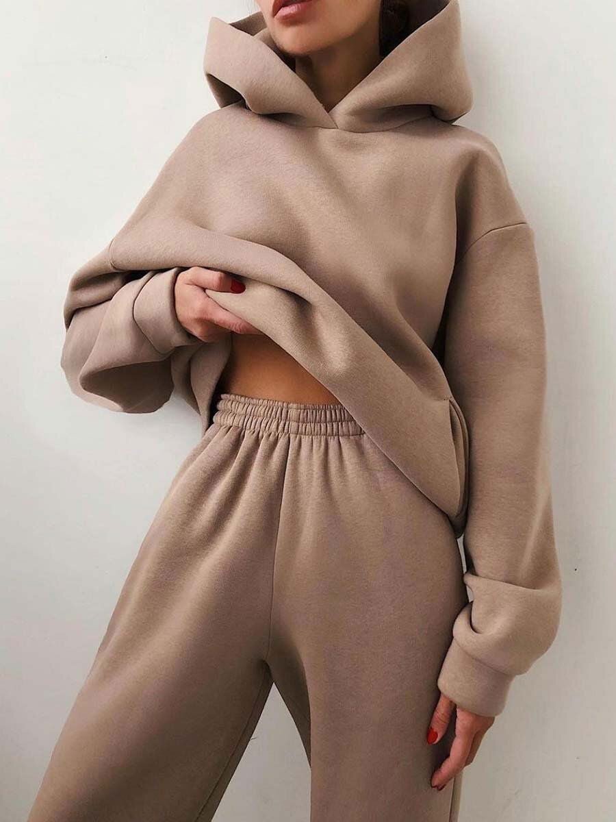 LovelyRLovely Women's Casual Hooded Sweater Two-piece Khaki / 3XL LovelyRLovely Women's Casual Hooded Sweater Two-piece Suit