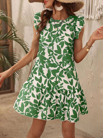 LovelyRLovely Women's Round Neck Printed Ruffles Dress Green / L LovelyRLovely Women's Round Neck Printed Ruffles Dress