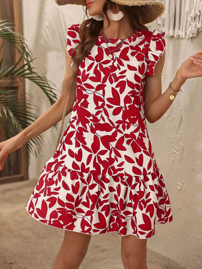 LovelyRLovely Women's Round Neck Printed Ruffles Dress Red / L LovelyRLovely Women's Round Neck Printed Ruffles Dress