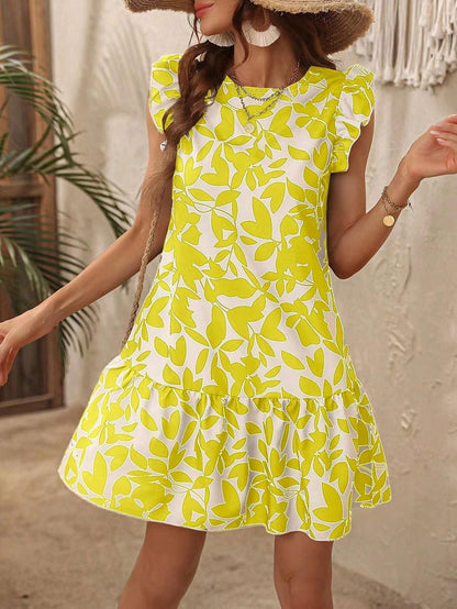 LovelyRLovely Women's Round Neck Printed Ruffles Dress Yellow / L LovelyRLovely Women's Round Neck Printed Ruffles Dress