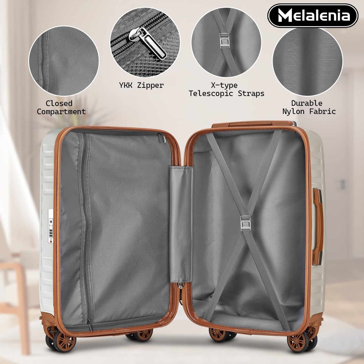 Melalenia Melalenia Luggage Sets 7 Piece Suitcase Set, Hard Shell Carry on Luggage Travel Suitcases with Spinner Wheels and TSA Lock, Lightweight Luggage Set for Women, Beige Brown