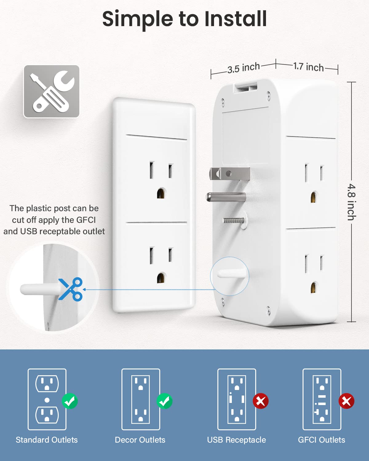 Mifaso Wall Outlet Extender with Shelf and Night Light,Surge Protector,USB Wall Charger with 5 AC Outlets and 3 USB Ports 1 USB C Outlet Wide Space 3-Sided Power Strip Multi Plug Outlets…