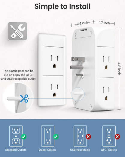 Mifaso Wall Outlet Extender with Shelf and Night Light,Surge Protector,USB Wall Charger with 5 AC Outlets and 3 USB Ports 1 USB C Outlet Wide Space 3-Sided Power Strip Multi Plug Outlets…