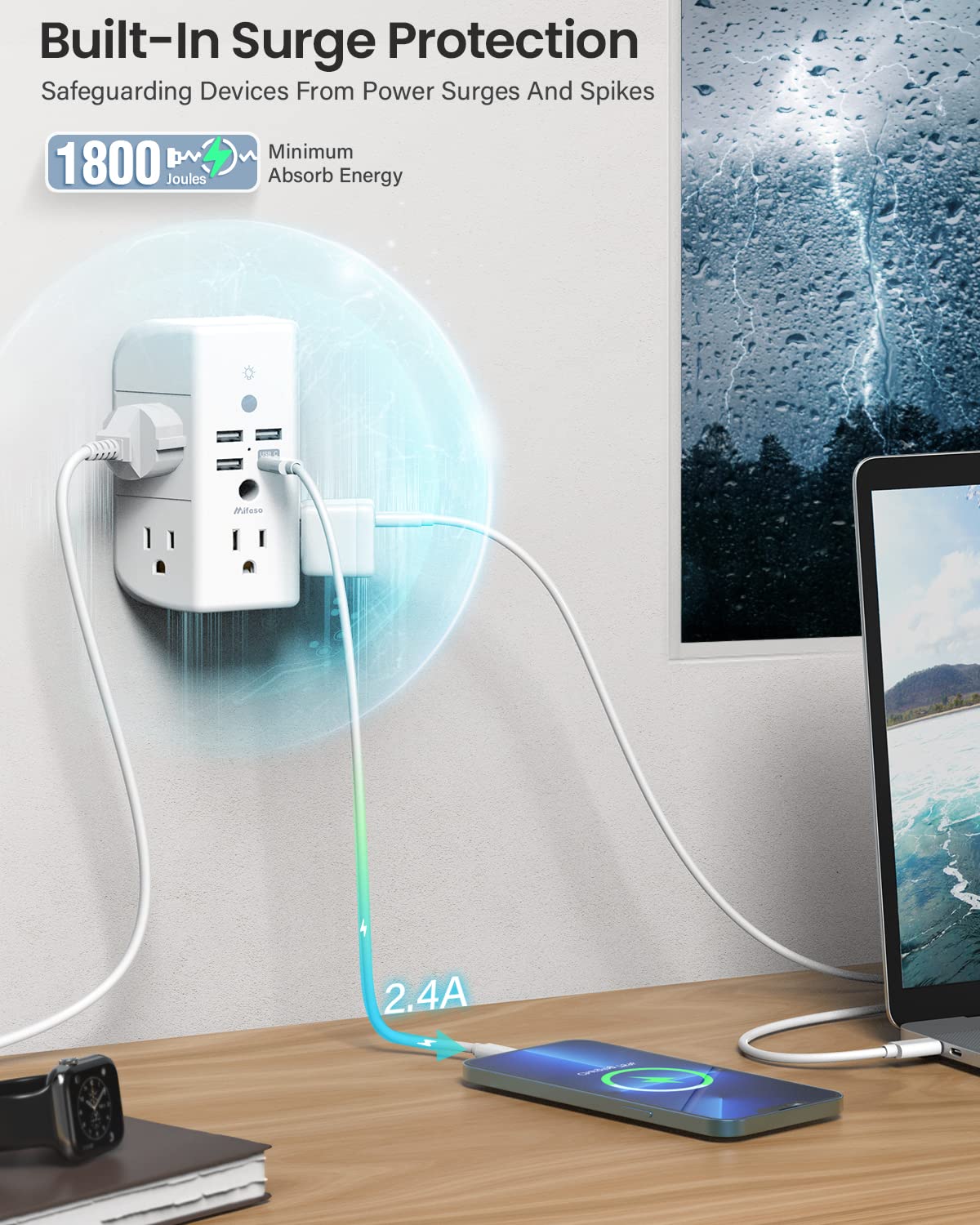 Mifaso Wall Outlet Extender with Shelf and Night Light,Surge Protector,USB Wall Charger with 5 AC Outlets and 3 USB Ports 1 USB C Outlet Wide Space 3-Sided Power Strip Multi Plug Outlets…