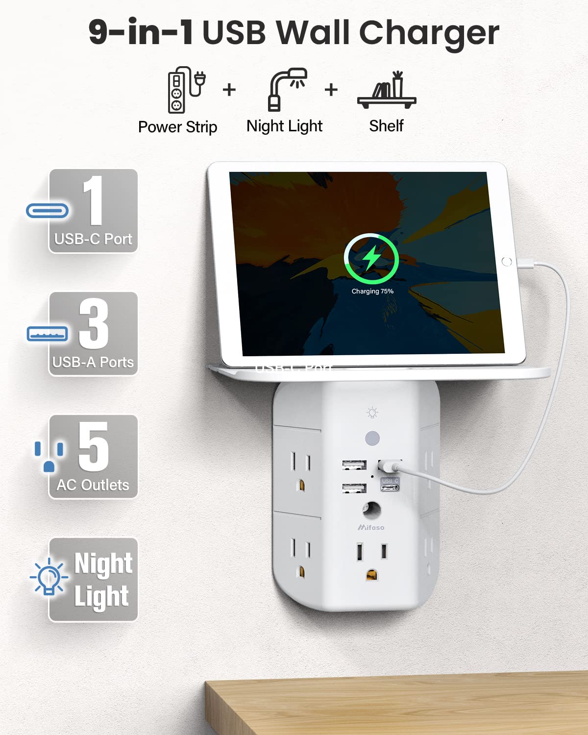 Mifaso Wall Outlet Extender with Shelf and Night Light,Surge Protector,USB Wall Charger with 5 AC Outlets and 3 USB Ports 1 USB C Outlet Wide Space 3-Sided Power Strip Multi Plug Outlets…