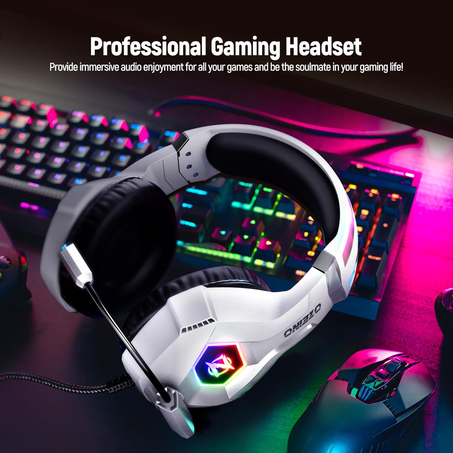 Ozeino Ozeino Gaming Headset for PC, Ps4, Ps5, Xbox Headset with 7.1 Surround Sound, Gaming Headphones with Noise Cancelling Mic RGB Light Over Ear Headphones for Xbox Series X/S, Switch