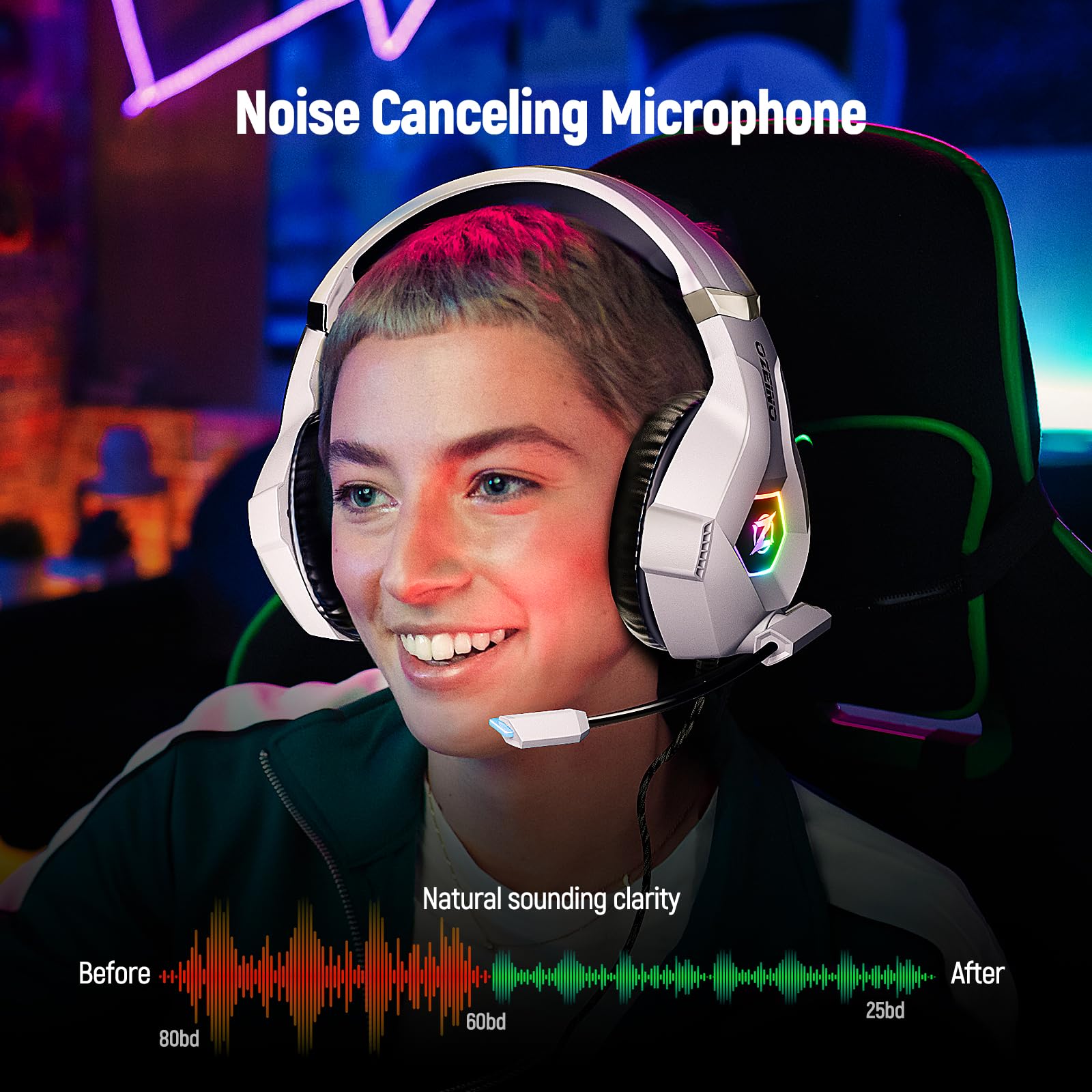 Ozeino Ozeino Gaming Headset for PC, Ps4, Ps5, Xbox Headset with 7.1 Surround Sound, Gaming Headphones with Noise Cancelling Mic RGB Light Over Ear Headphones for Xbox Series X/S, Switch