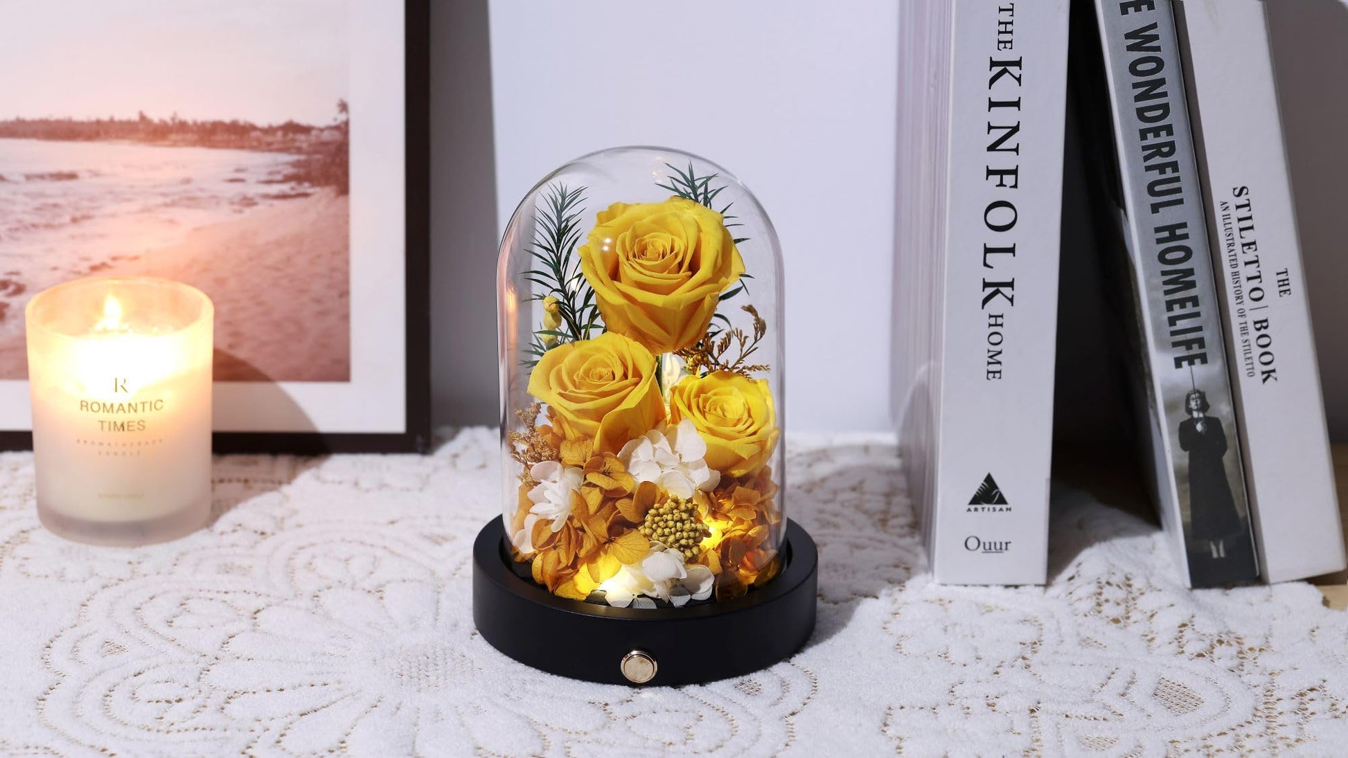 Pinnetetti Home Pinnetetti Preserved Roses Flowers in Glass Dome, Long-Lasting Real Yellow Forever Roses Flowers Anniversary Christmas Valentines Day Birthday for Her Women Mom Wife Girlfriend Home Decor