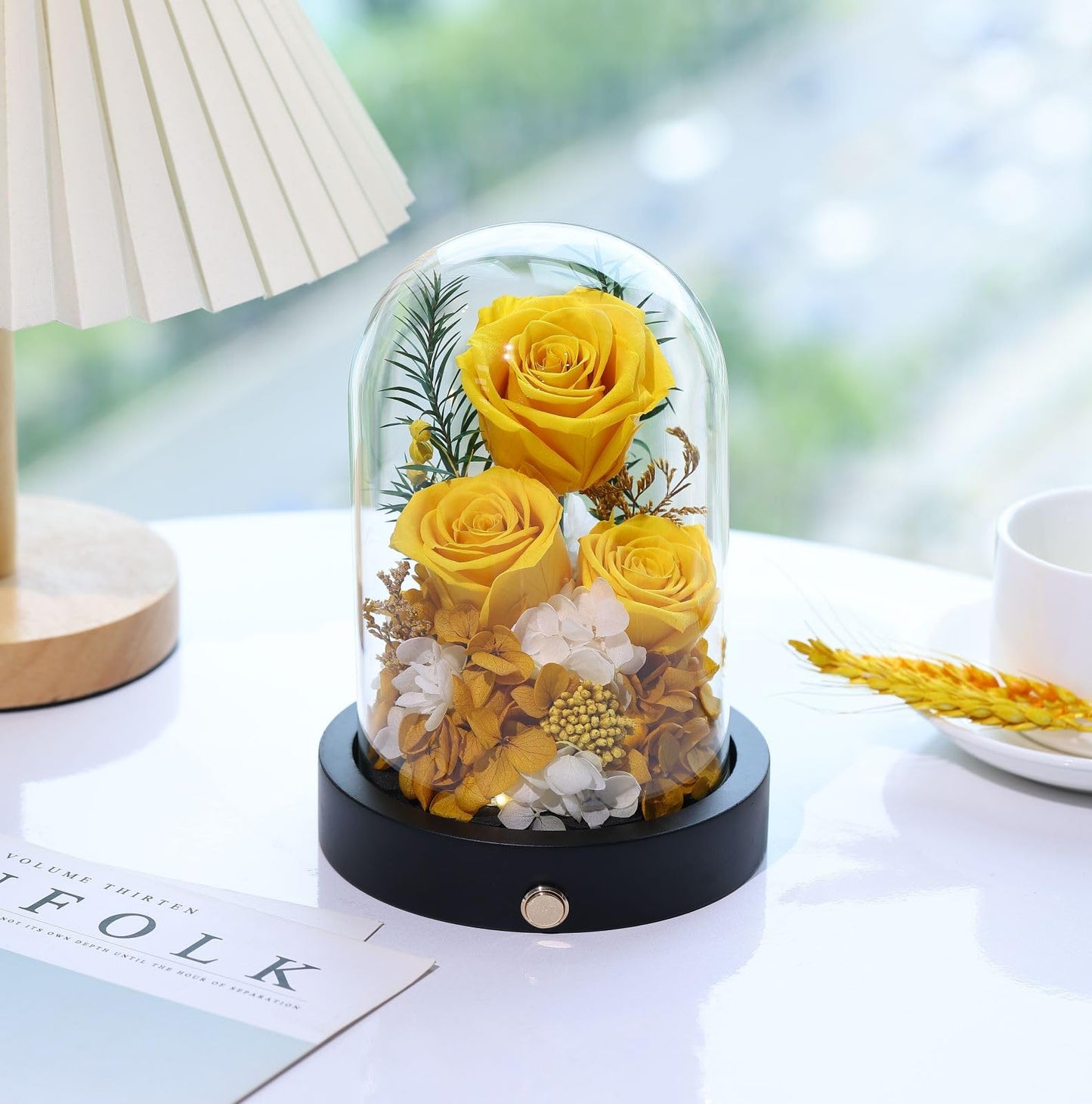 Pinnetetti Home Pinnetetti Preserved Roses Flowers in Glass Dome, Long-Lasting Real Yellow Forever Roses Flowers Anniversary Christmas Valentines Day Birthday for Her Women Mom Wife Girlfriend Home Decor