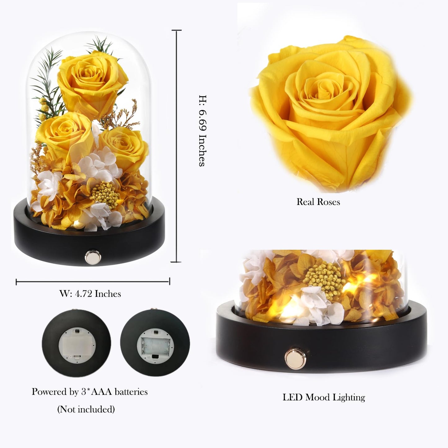 Pinnetetti Home Pinnetetti Preserved Roses Flowers in Glass Dome, Long-Lasting Real Yellow Forever Roses Flowers Anniversary Christmas Valentines Day Birthday for Her Women Mom Wife Girlfriend Home Decor