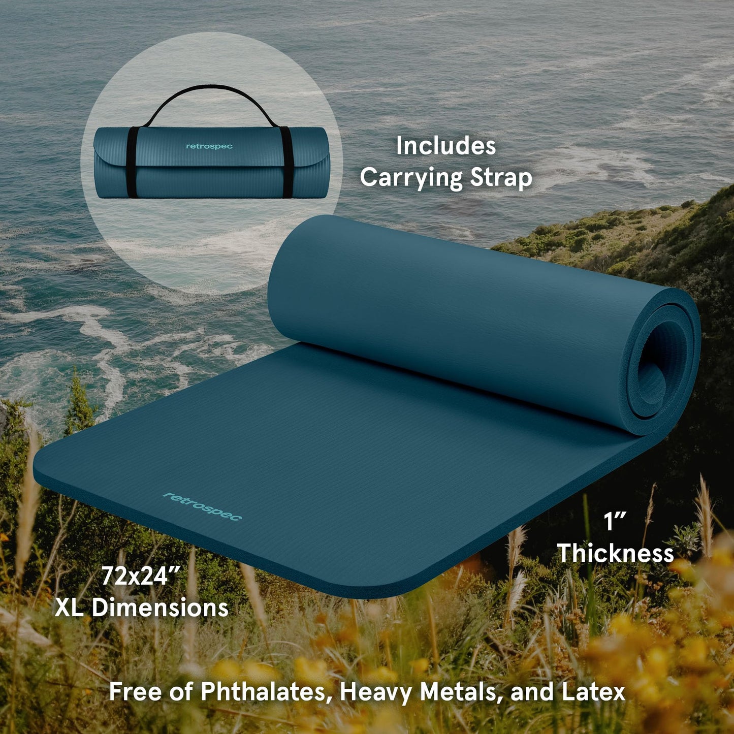 Retrospec Retrospec Solana Yoga Mat 1" Thick w/Nylon Strap for Men & Women - Non Slip Exercise Mat for Home Yoga, Pilates, Stretching, Floor & Fitness Workouts - Ocean Blue