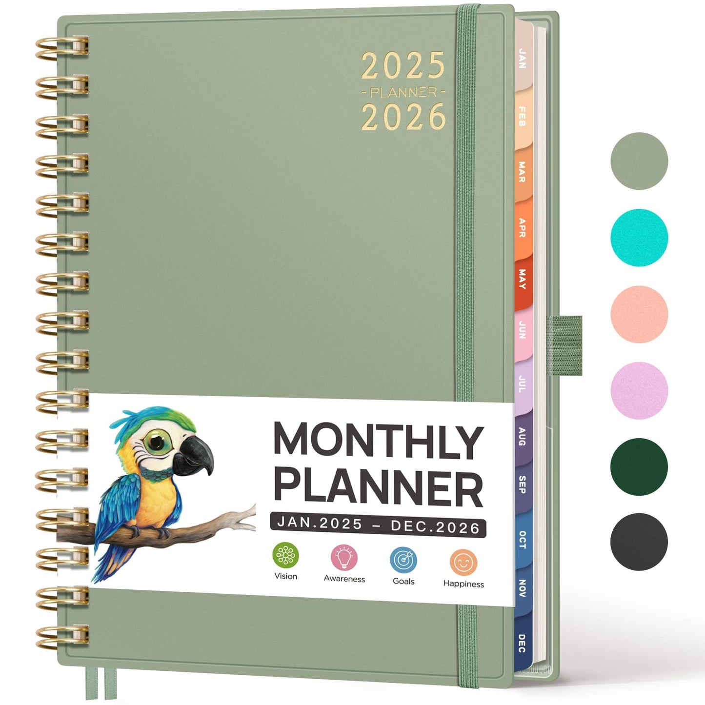 RETTACY RETTACY Planner 2025-2026, Monthly Planner, Jan 2025 - Dec 2026, 8.5" × 11", Large Size, 2025-2026 Calendar, 24-Monthly Tabs, Flexible Plastic Cover, Spiral Bound, 100 GSM Thick Paper (Light Green)