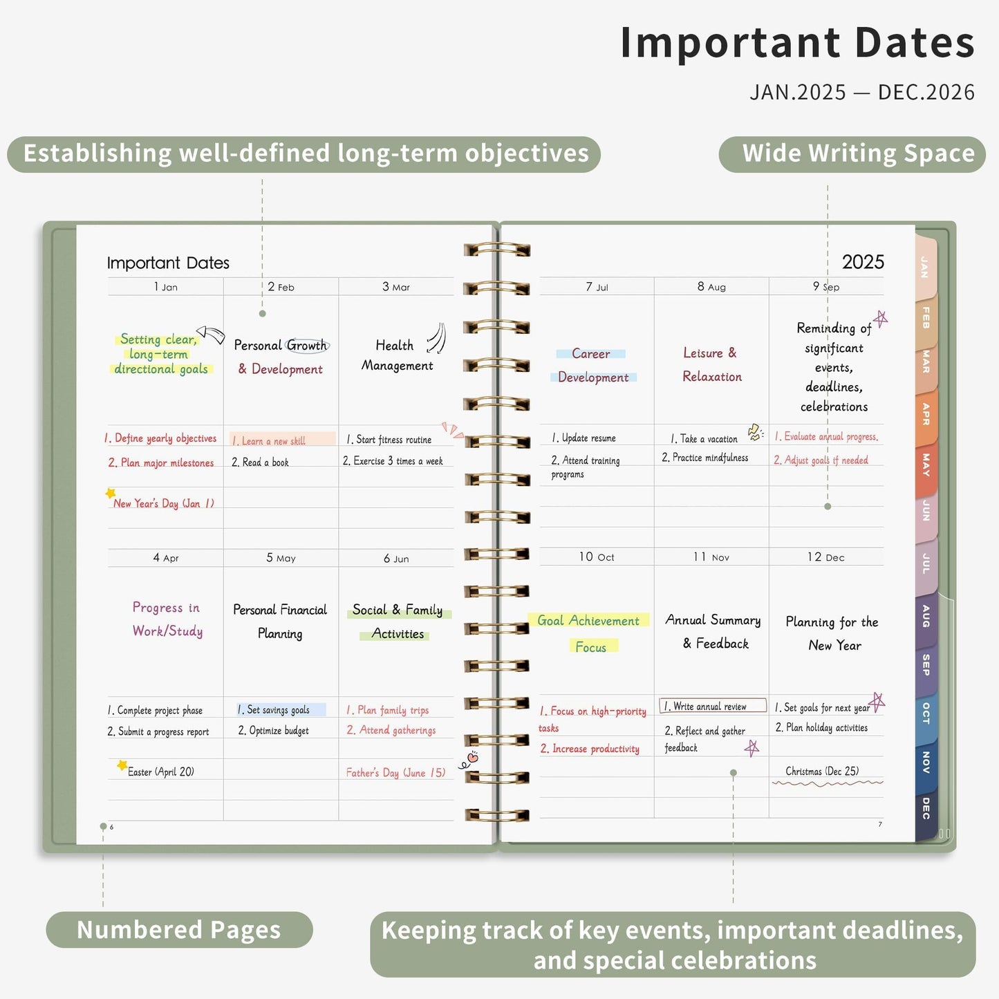 RETTACY RETTACY Planner 2025-2026, Monthly Planner, Jan 2025 - Dec 2026, 8.5" × 11", Large Size, 2025-2026 Calendar, 24-Monthly Tabs, Flexible Plastic Cover, Spiral Bound, 100 GSM Thick Paper (Light Green)