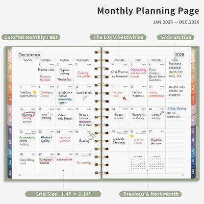 RETTACY RETTACY Planner 2025-2026, Monthly Planner, Jan 2025 - Dec 2026, 8.5" × 11", Large Size, 2025-2026 Calendar, 24-Monthly Tabs, Flexible Plastic Cover, Spiral Bound, 100 GSM Thick Paper (Light Green)