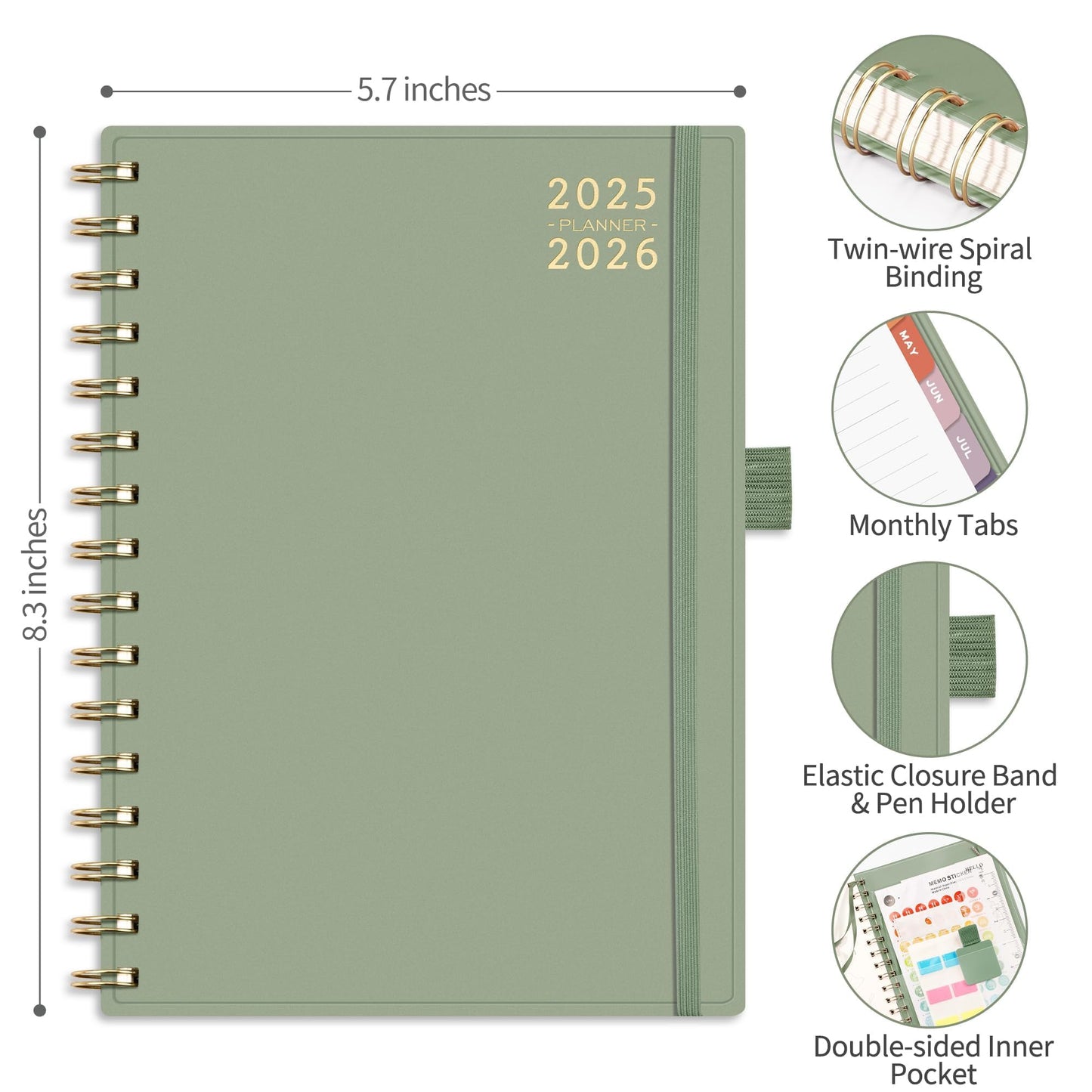 RETTACY RETTACY Planner 2025-2026, Monthly Planner, Jan 2025 - Dec 2026, 8.5" × 11", Large Size, 2025-2026 Calendar, 24-Monthly Tabs, Flexible Plastic Cover, Spiral Bound, 100 GSM Thick Paper (Light Green)