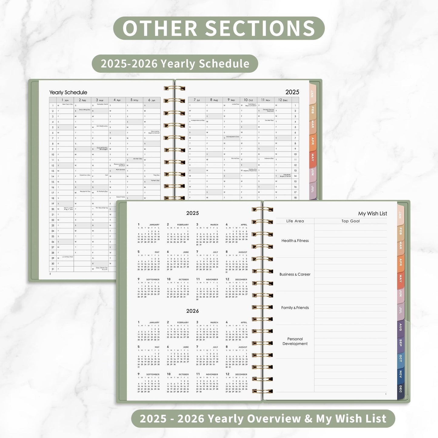 RETTACY RETTACY Planner 2025-2026, Monthly Planner, Jan 2025 - Dec 2026, 8.5" × 11", Large Size, 2025-2026 Calendar, 24-Monthly Tabs, Flexible Plastic Cover, Spiral Bound, 100 GSM Thick Paper (Light Green)