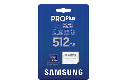 SAMSUNG SAMSUNG PRO Plus microSD Memory Card + Adapter, 512GB microSDXC, Up to 180 MB/s, Full HD & 4K UHD, UHS I, C10, U3, V30, A2, for Android Smartphones, Tablets, GoPRO, and DJI Drone (MB MD512SA/AM)