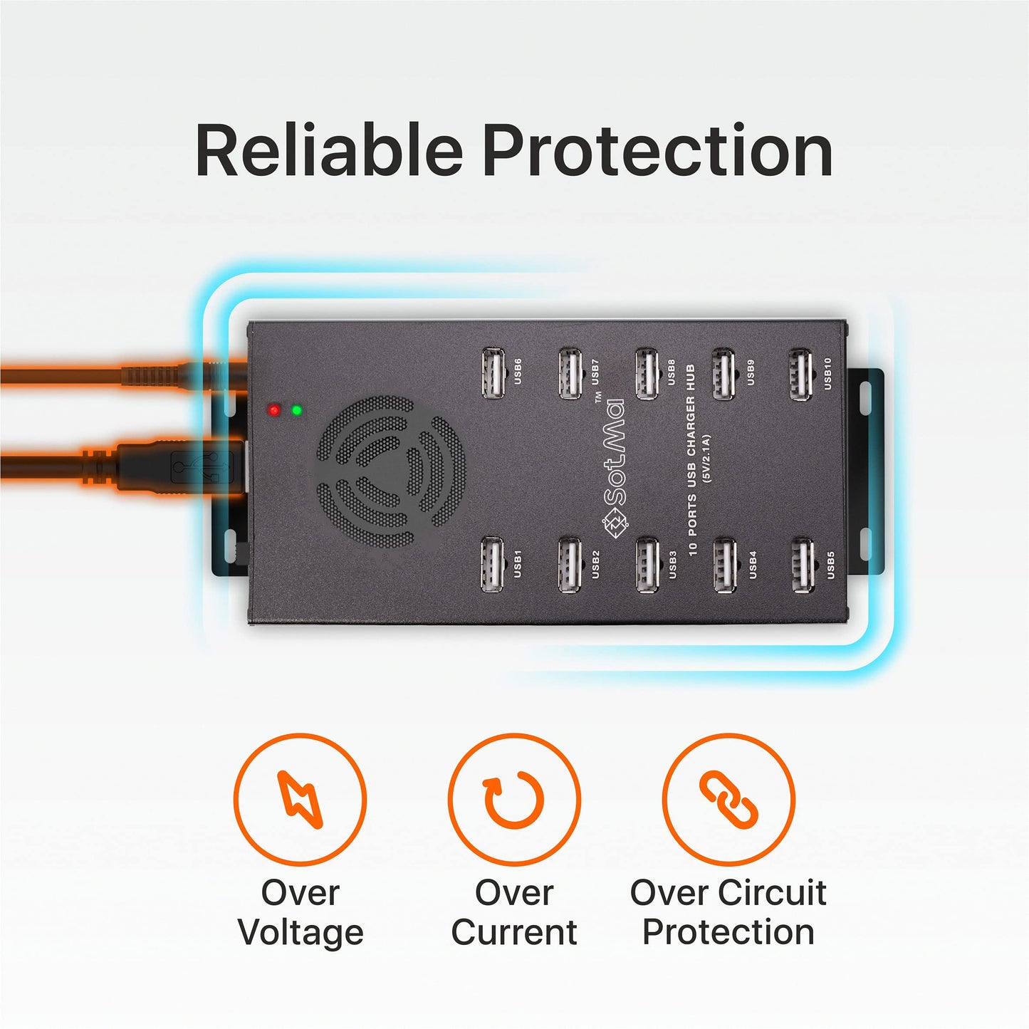 SotMa Premium Design USB 2.0 Hub - Multi-Safety Protection 10-Port Powered USB Hub 2.0 with AC Adapter - USB Splitter with Cooling Fan and Mounting Brackets - Aluminum Charging Hub for Multiple Devices