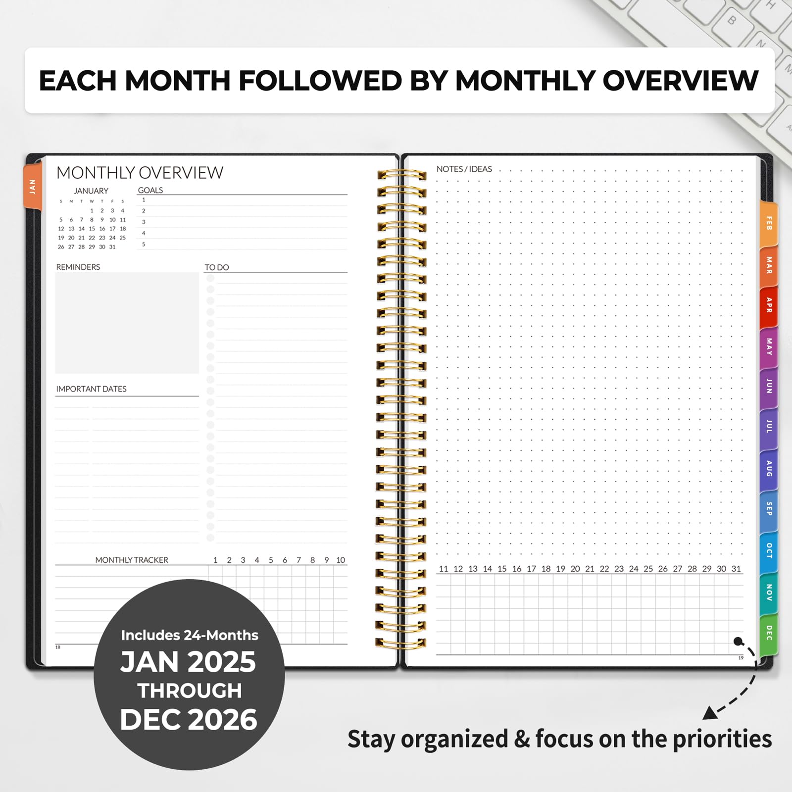 SUNEE SUNEE 2-Year Monthly Planner 2025-2026 (Jan 2025 - Dec 2026) 7"x10" Monthly Spreads & Yearly Planner, Black