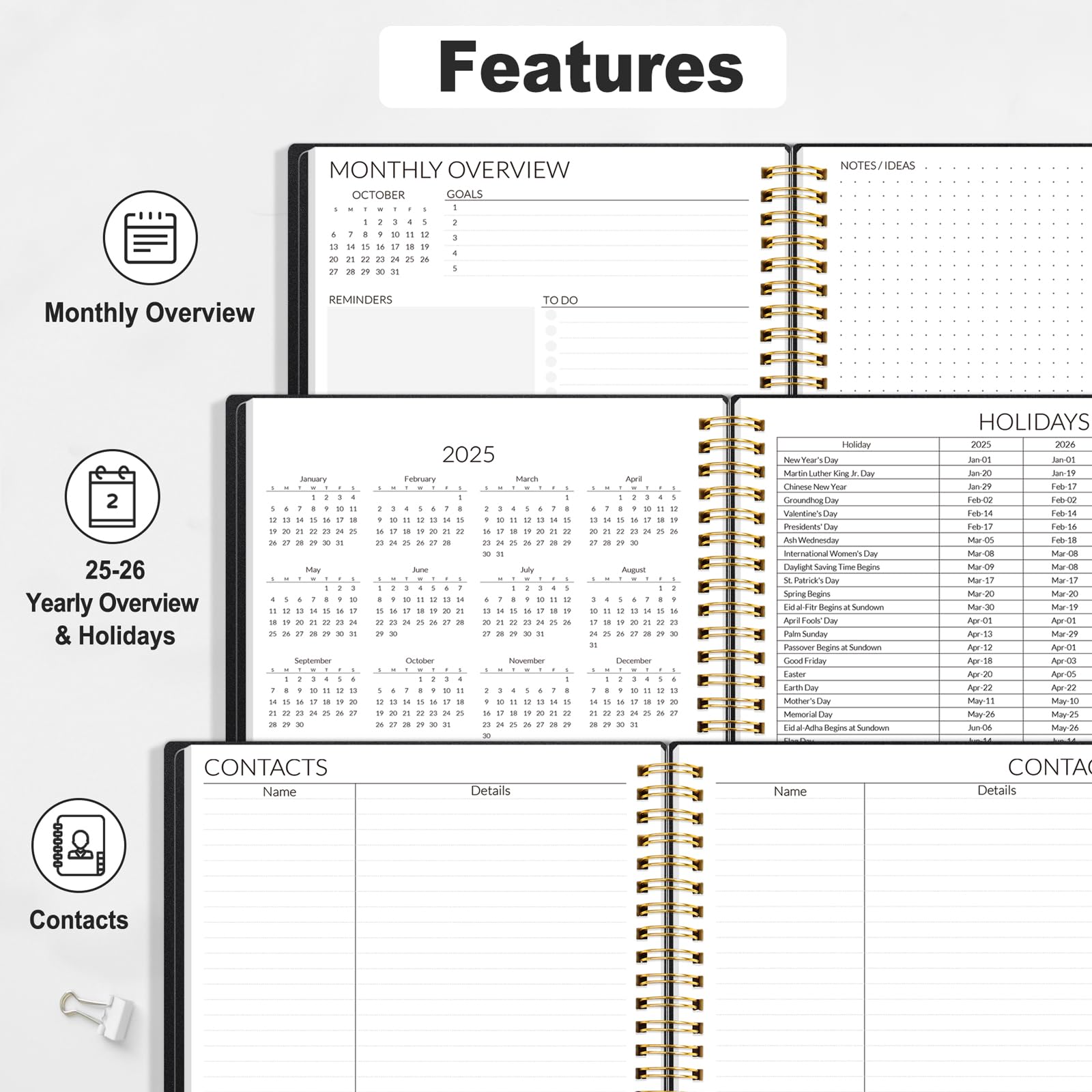 SUNEE SUNEE 2-Year Monthly Planner 2025-2026 (Jan 2025 - Dec 2026) 7"x10" Monthly Spreads & Yearly Planner, Black