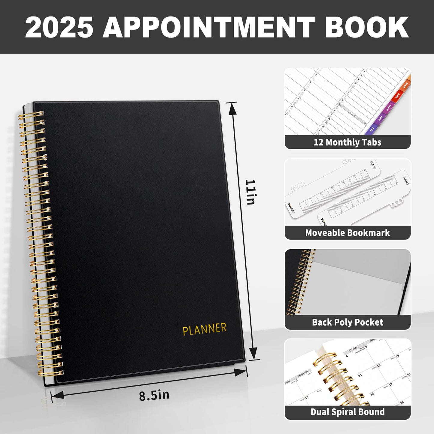 SUNEE SUNEE 2025 Appointment Book, Quarter-Hourly, Weekly & Monthly - from January 2025 - December 2025, 8.5"x11" Weekly Planner, Flexible Cover, Note Pages, Pockets, Bookmark, Spiral Binding, Black