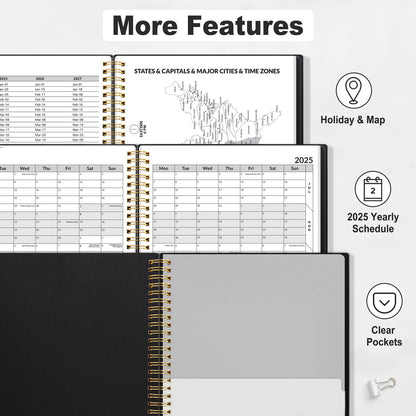 SUNEE SUNEE 2025 Appointment Book, Quarter-Hourly, Weekly & Monthly - from January 2025 - December 2025, 8.5"x11" Weekly Planner, Flexible Cover, Note Pages, Pockets, Bookmark, Spiral Binding, Black