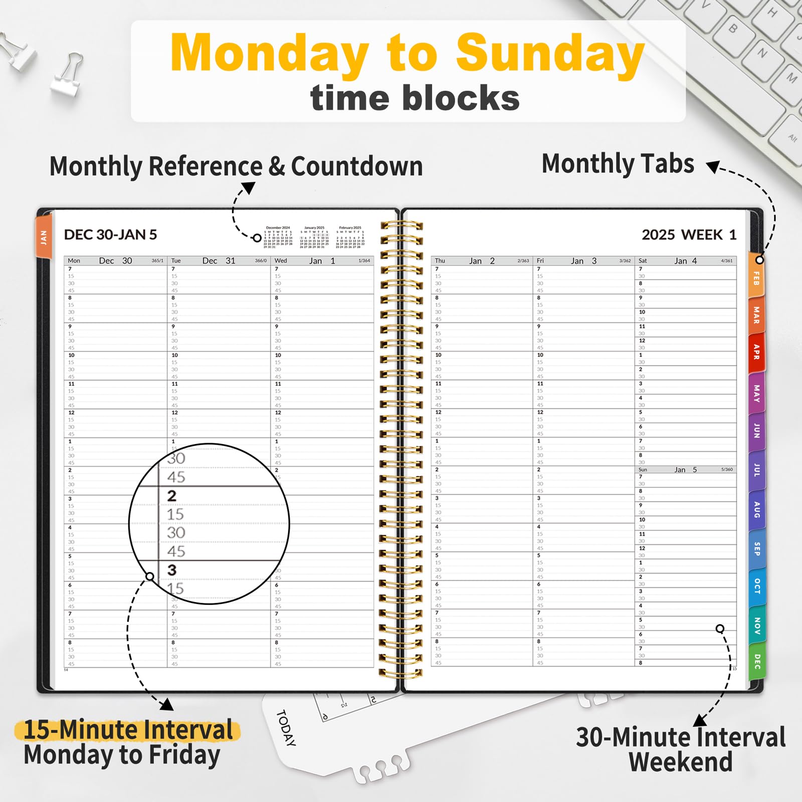 SUNEE SUNEE 2025 Appointment Book, Quarter-Hourly, Weekly & Monthly - from January 2025 - December 2025, 8.5"x11" Weekly Planner, Flexible Cover, Note Pages, Pockets, Bookmark, Spiral Binding, Black